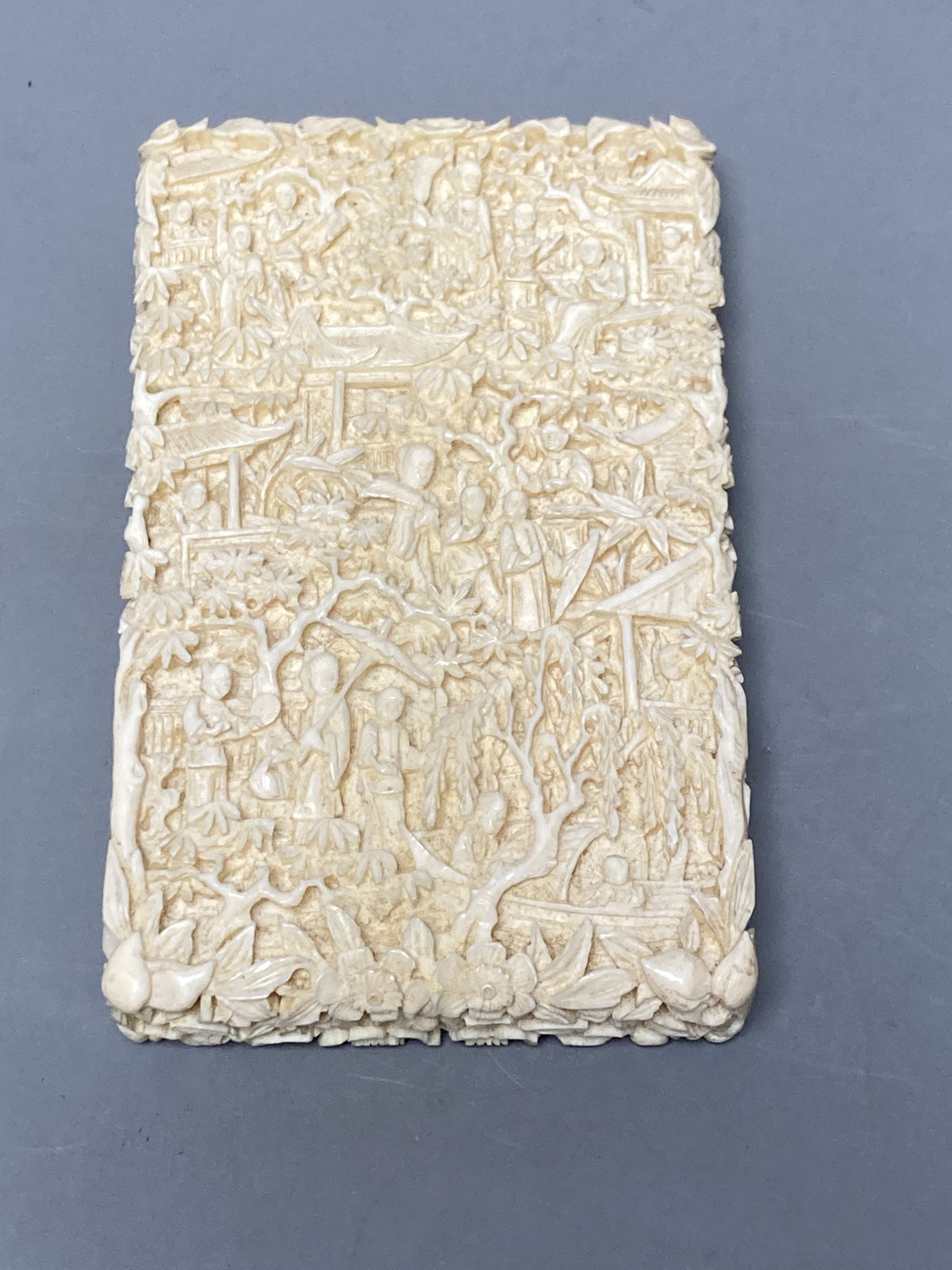 A 19th century Chinese export ivory case, in original brocade covered case stamped 'Luenchun', 11 x 7cm